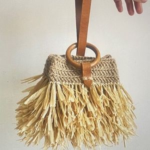 Mini Jute Raffia Leather Handbag, wristlet bag with fringe